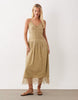 cami maxi dress with lace inserts and tie straps in olive