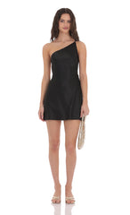Satin One Shoulder Open Back Dress in Black
