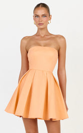 Avery Mini Dress - Strapless Fitted Bodice Full Pleated Skirt Dress in Orange