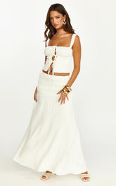 Bianca Midi Skirt - Shirred Yoke Circle Hem Skirt in White