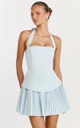 Calla Mini Dress - Halter Neck Peplum Pleated Skirt Dress in Light Blue