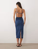 denim halter neck midaxi dress with back detail in mid blue