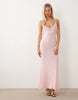 mesh plunge maxi dress with backless ruffle detail in baby pink