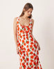 scoop neck tie front midi dress in blurred rose print
