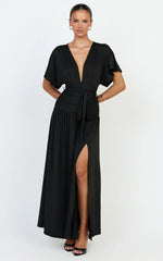Liana Maxi Dress - Wide Sleeve Tie Waist Maxi Dress in Black