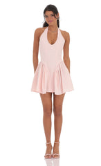 Striped Crinkle Halter Dress in Pink