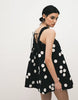 v-neck smock poplin mini sundress with lace overlay in black and white polka dots