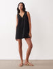 cotton linen v neck smock mini dress in black