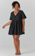 Staycation Mini Dress - Smock Button Up Dress in Black