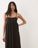 textured square neck midi dress in brown