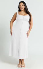 Cameron Midi Dress - Button Front Tie Back Dress in White