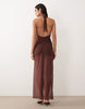Oh Polly cross over halterneck cut out detail mesh skirt maxi dress in chocolate