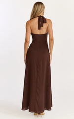 Penelope Maxi Dress - Halter Tie Back Neck Dropped Asymmetric Fit And Flare Dress in Chocolate