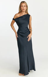 Lira Maxi Dress - One Shoulder Satin Dress in Navy
