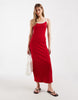 rib knit midi dress in red with white contrast trim