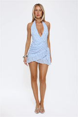 Flirty And Free Halter Mesh Polka Dot Mini Dress Blue