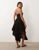 textured midi dress with high low hem in black