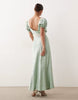 Hope & Ivy Petite satin square neck lace detail puff sleeve maxi dress in green jacquard