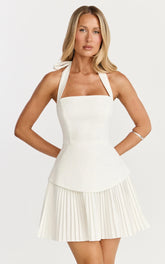 Calla Mini Dress - Halter Neck Peplum Pleated Skirt Dress in Off White