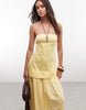 cotton sateen strapless maxi length sundress with dropped waist poplin skirt in butter yellow