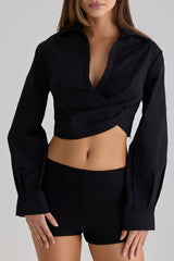 black long sleeve cropped cotton shirt