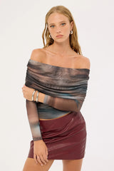 Luck & Trouble Meteor Elyse Off Shoulder Recycled Top Blur Print