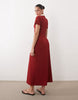 button front cap sleeve midi dress with contrast tipping in burnt red