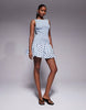 Kaiia exclusive shirred bodice dropped waist pleated hem mini dress in blue polka dots