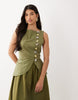 linen look vest midaxi dress with poplin skirt in olive