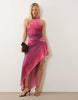 Murci high neck gathered waist gold hardware detail maxi dress in purple ombre