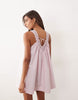 v-neck poplin mini smock sundress with lace overlay in pale lilac