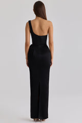 black satin one shoulder maxi dress