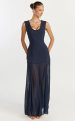 Frances Maxi Dress - Contrast U Neck Godet A Line Dress in Navy