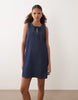 denim keyhole mini shift dress with bow detail in dark mid blue