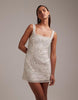 ornate crystal embellished square neck mini dress in ivory