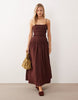 crinkle maxi sundress with shirred dropped waist in warm chocolate