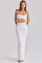 white cotton v back draped maxi skirt
