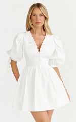 Zandra Mini Dress - Puff Sleeve Poplin Dress in White