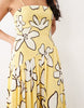 tie back crinkle cami midi dress with asymmetric waist in yellow sketch floral print