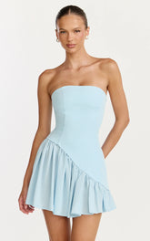 Calla Mini Dress - Strapless Gathered Asymmetric Dropped Waist Dress in Light Blue