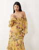 bardot ruffle maxi dress with tiered godets and blouson sleeves in yellow floral