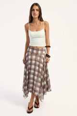 Luck & Trouble Rocco Asymmetrical Check Midi Skirt Brown Check
