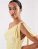 TFNC Petite Bridesmaids fallen shoulder satin maxi dress in yellow