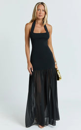 Barbara Maxi Dress - Halter Scoop Neck Contrast Georgette Dress in Black
