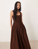 crinkle scoop neck midaxi sundress with shirred waist in black and chocolate gingham