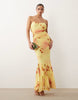 printed mesh fishtail dress with contrast bust insert in yellow floral