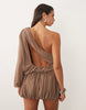 Missy Empire chiffon asymmetric sleeve drape overlay detail bubble hem cutout back detail mini dress in mocha