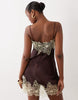 satin bias lace applique mini dress in chocolate and yellow
