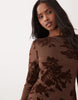 flocked floral mini dress with fluted sleeves in ginger