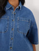 Curve denim boxy shirt dress with pocket detail in mid blue